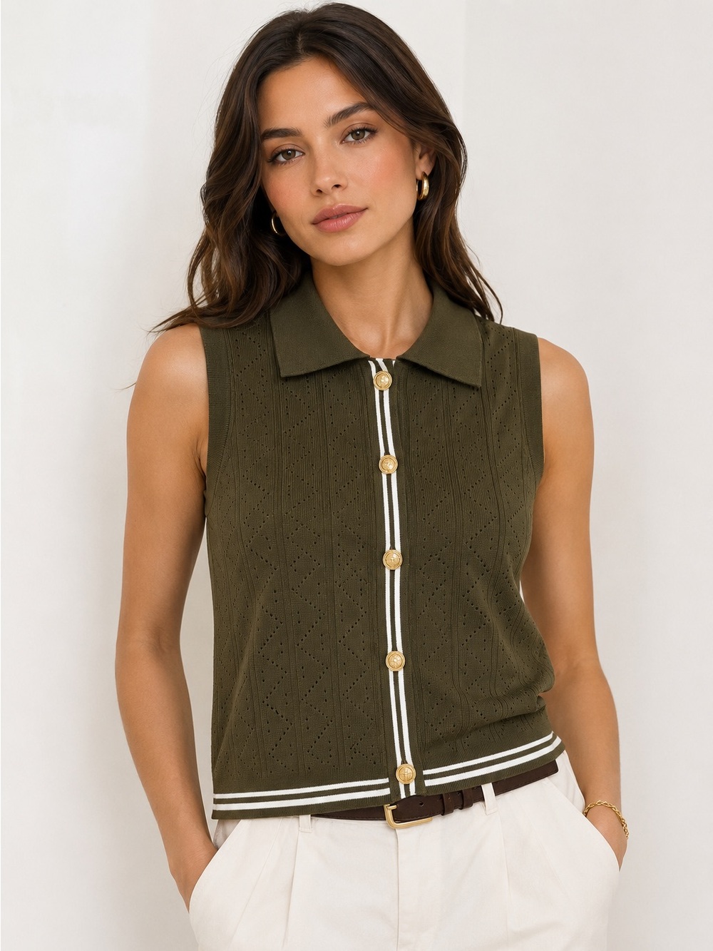 Elie Tahari Sleeveless Knit Polo Top NWT Medium Rich Olive Quiet Luxury